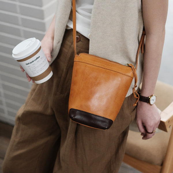 Vintage Leather Mini Bucket Bag Small Phone Crossbody Bag for Women