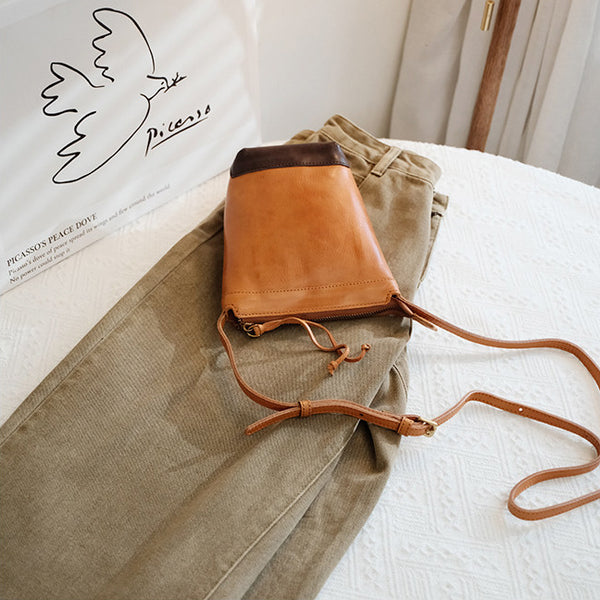 Vintage Leather Mini Bucket Bag Small Phone Crossbody Bag for Women