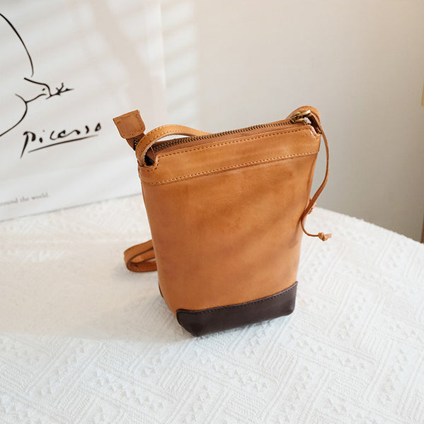 Vintage Leather Mini Bucket Bag Small Phone Crossbody Bag for Women