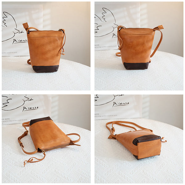 Vintage Leather Mini Bucket Bag Small Phone Crossbody Bag for Women