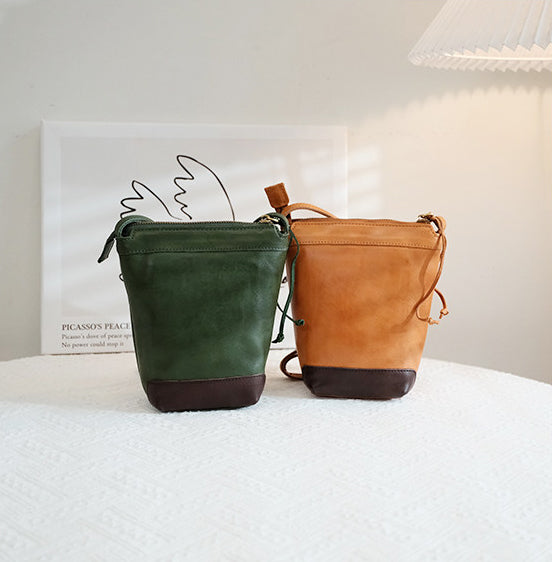 Vintage Leather Mini Bucket Bag Small Phone Crossbody Bag for Women