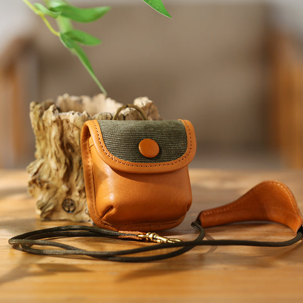 Vintage Leather Neck Pouch for Earbuds-Mini Canvas and Cowhide Key Holder with Brass Hardware Accessories