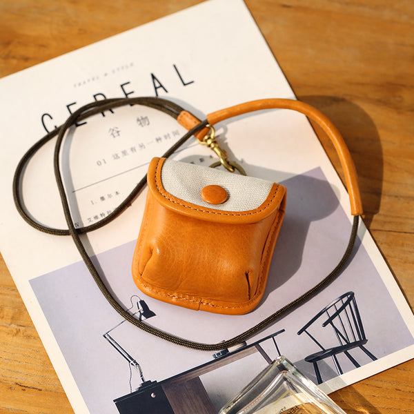 Vintage Leather Neck Pouch for Earbuds-Mini Canvas and Cowhide Key Holder with Brass Hardware Affordable