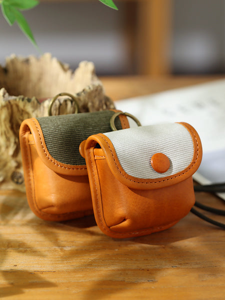 Vintage Leather Neck Pouch for Earbuds-Mini Canvas and Cowhide Key Holder with Brass Hardware Beautiful