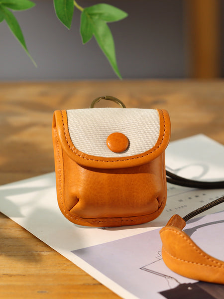 Womens Mini Leather Earbud Case with Lanyard-Canvas and Full-Grain Leather Neck Pouch