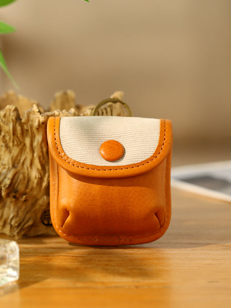 Vintage Leather Neck Pouch for Earbuds-Mini Canvas and Cowhide Key Holder with Brass Hardware Chic