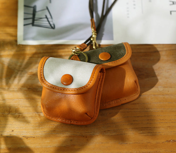 Vintage Leather Neck Pouch for Earbuds-Mini Canvas and Cowhide Key Holder with Brass Hardware Classic
