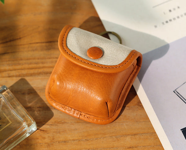 Vintage Leather Neck Pouch for Earbuds-Mini Canvas and Cowhide Key Holder with Brass Hardware Classy