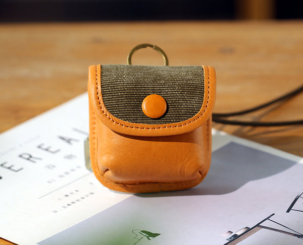 Vintage Leather Neck Pouch for Earbuds-Mini Canvas and Cowhide Key Holder with Brass Hardware