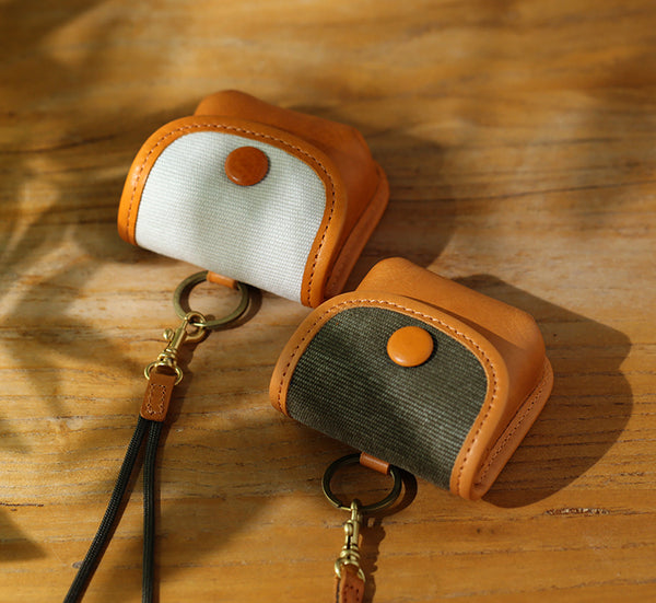 Vintage Leather Neck Pouch for Earbuds-Mini Canvas and Cowhide Key Holder with Brass Hardware Cute
