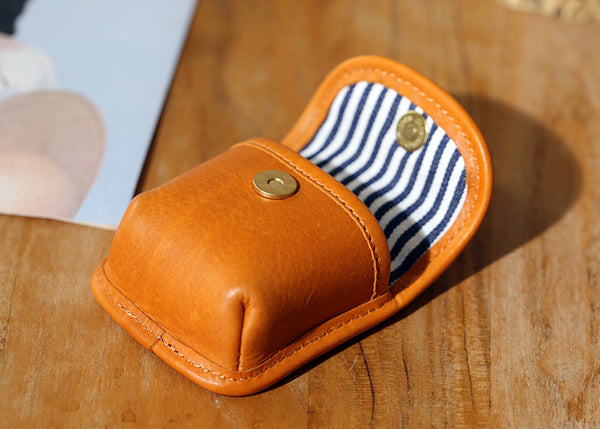 Vintage Leather Neck Pouch for Earbuds-Mini Canvas and Cowhide Key Holder with Brass Hardware Designer