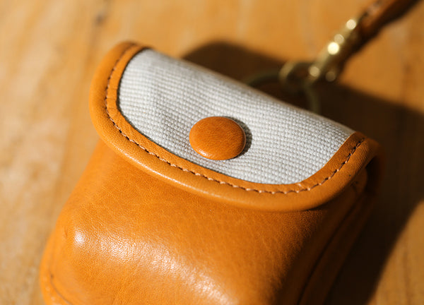 Vintage Leather Neck Pouch for Earbuds-Mini Canvas and Cowhide Key Holder with Brass Hardware Details