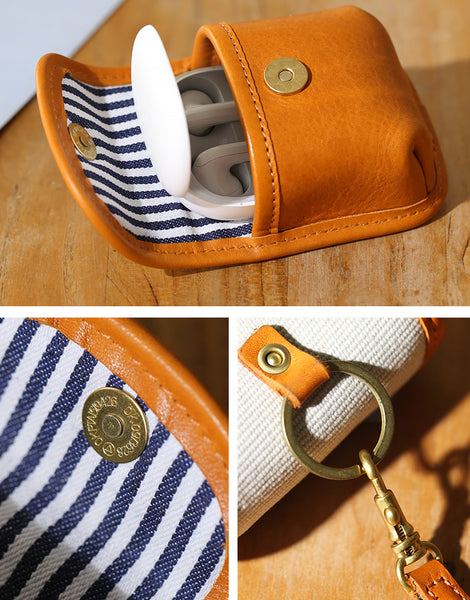 Vintage Leather Neck Pouch for Earbuds-Mini Canvas and Cowhide Key Holder with Brass Hardware Durable