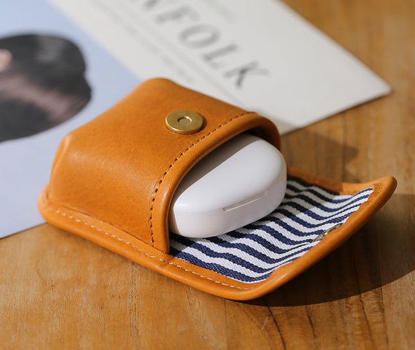 Vintage Leather Neck Pouch for Earbuds-Mini Canvas and Cowhide Key Holder with Brass Hardware Elegant