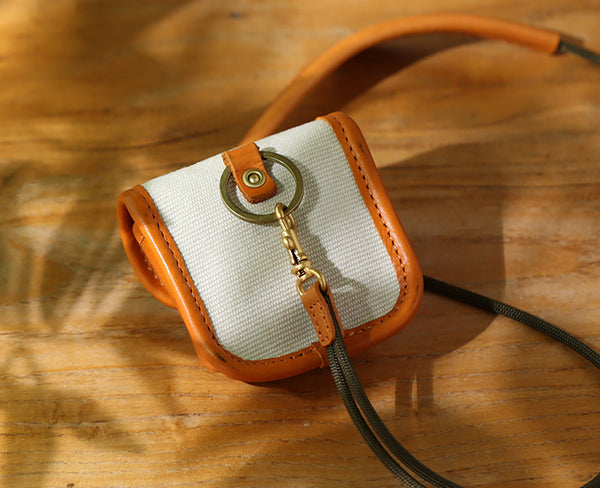 Vintage Leather Neck Pouch for Earbuds-Mini Canvas and Cowhide Key Holder with Brass Hardware Fashion