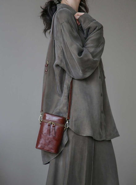 Vintage Leather Phone Crossbody Bag for Women Mini Box Bag in Vegetable Tanned Cowhide Cute