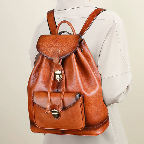 Vintage Leather Women's Backpack Purses Leather Rucksack Bag Brown