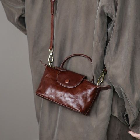Vintage Mini Boston Bag Genuine Leather Crossbody Purse for Women