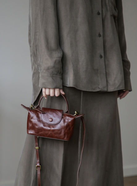 Vegetable-Tanned Leather Mini Boston Bag Vintage Top Handle Crossbody Phone Purse
