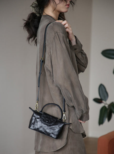 Vintage Mini Boston Bag for Women Genuine Leather Top Handle Crossbody Purse Chic