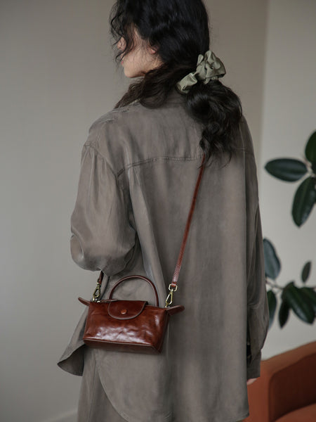 Vintage Mini Boston Bag for Women Genuine Leather Top Handle Crossbody Purse Details