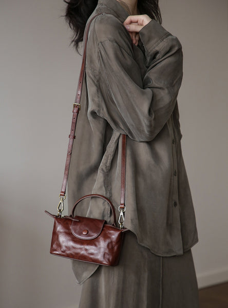 Vintage Mini Boston Bag for Women Genuine Leather Top Handle Crossbody Purse Handmade