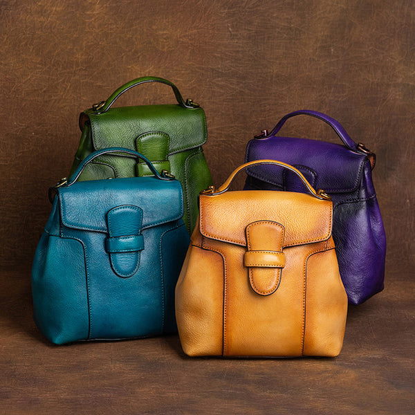 Vintage Mini Leather Backpack for Women Handmade Vegetable Tanned Cowhide Bag