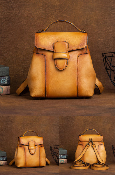 Vintage Mini Leather Backpack for Women Handmade Vegetable Tanned Cowhide Bag Cool