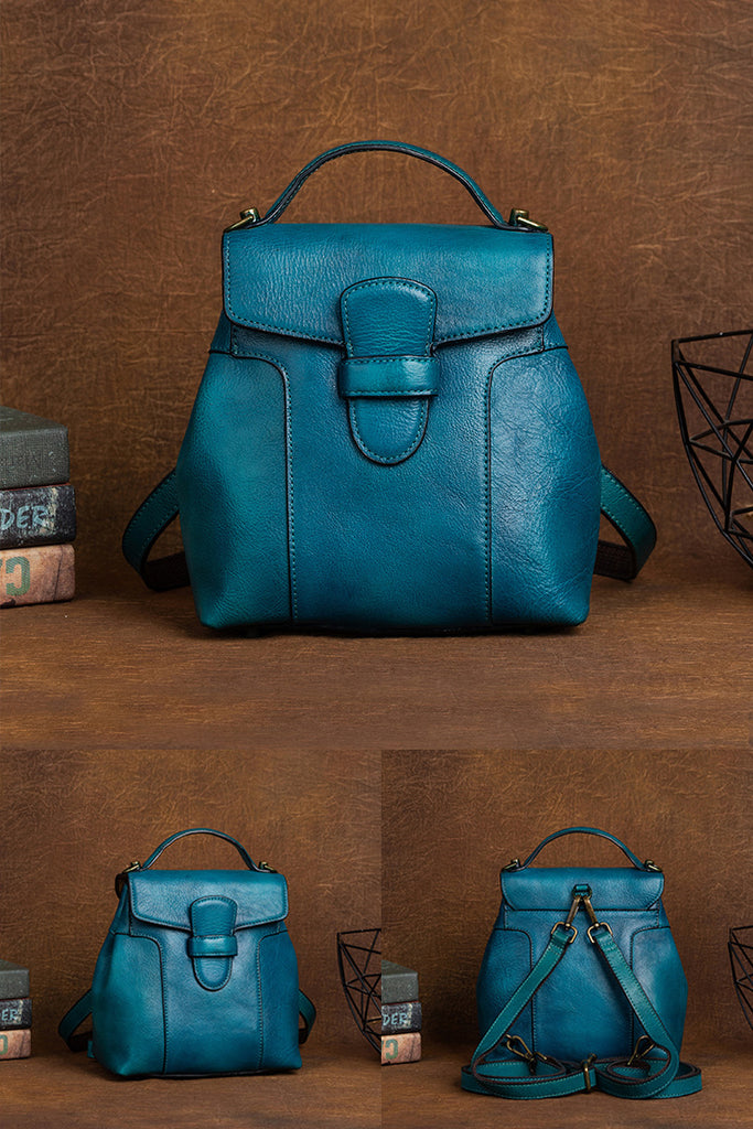 cute teal backpack leather Vintage Mini Leather Backpack for Women Handmade Cowhide – igemstonejewelry