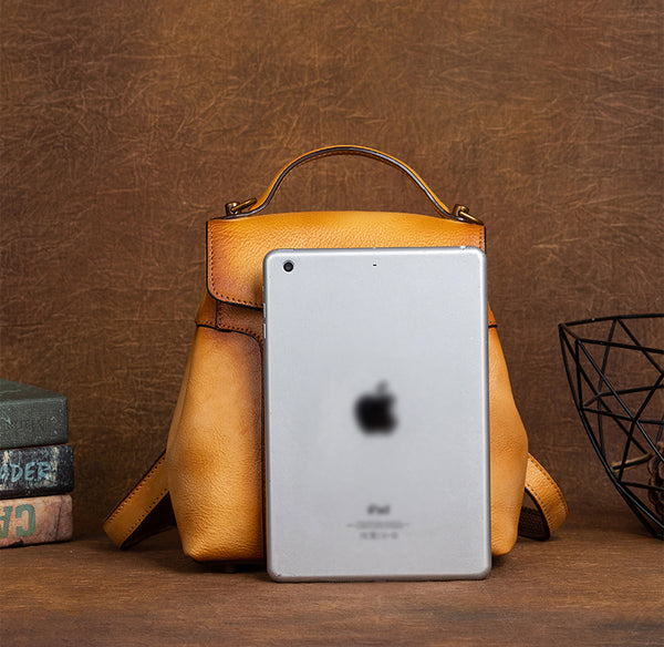 Vintage Mini Leather Backpack for Women Handmade Vegetable Tanned Cowhide Bag Size