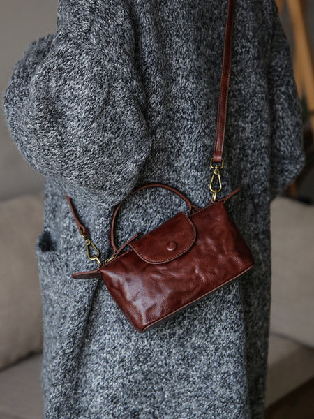 Vintage Mini Leather Crossbody Bag for Women Vegetable Tanned Leather Shoulder Bag