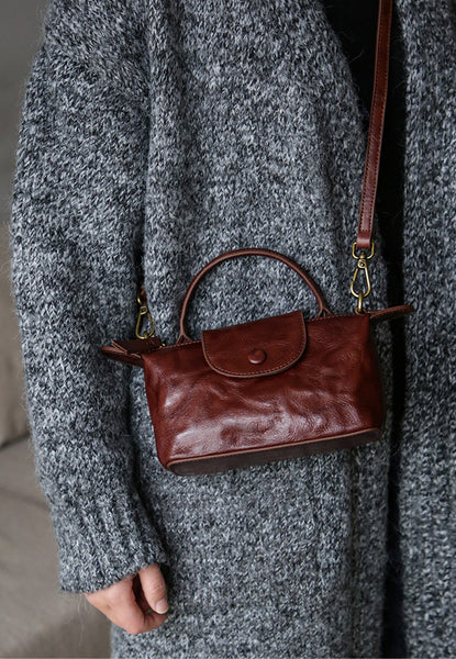 Vintage Mini Leather Crossbody Bag for Women Vegetable Tanned Leather Cute