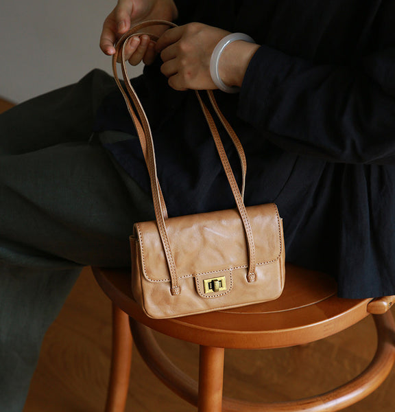 Vintage Mini Leather Shoulder Bag for Women Small Underarm Phone Purse Chic