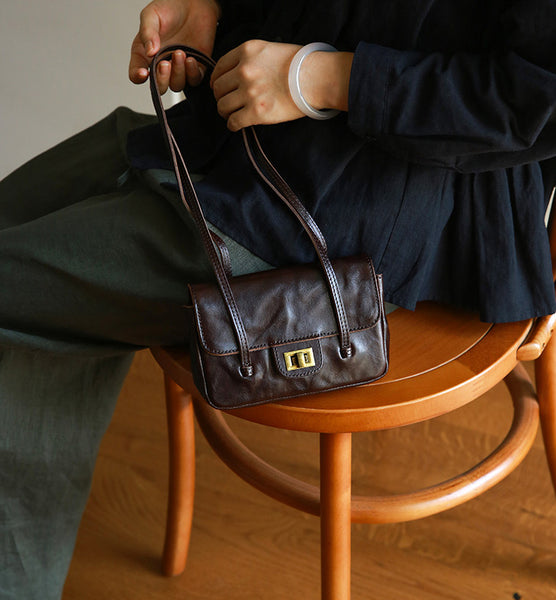 Vintage Mini Leather Shoulder Bag for Women Small Underarm Phone Purse