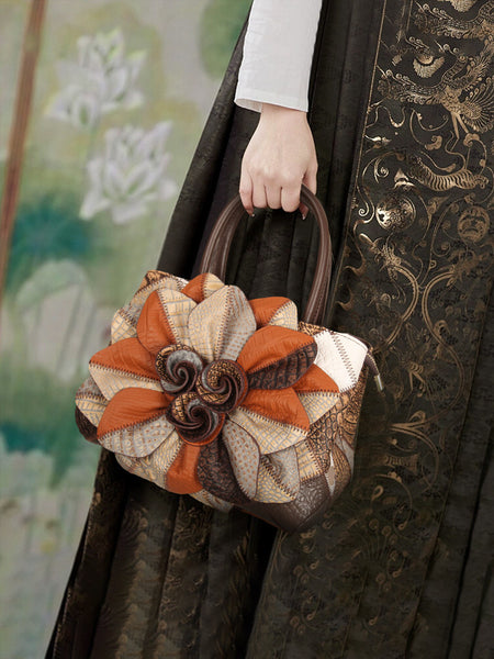 Vintage Patchwork Leather Handbag for Women Floral Genuine Leather Crossbody Shoulder Bag Beautiful
