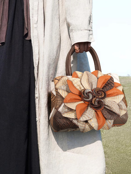 Vintage Patchwork Leather Handbag for Women Floral Genuine Leather Crossbody Shoulder Bag Casual