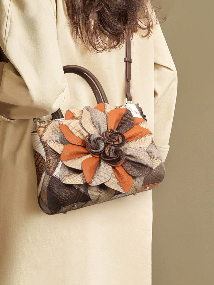 Vintage Patchwork Leather Handbag for Women Floral Genuine Leather Crossbody Shoulder Bag Chic