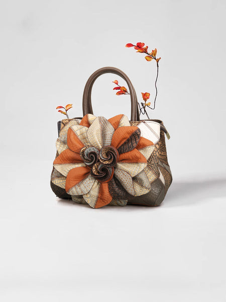 Vintage Patchwork Leather Handbag for Women Floral Genuine Leather Crossbody Shoulder Bag Classic