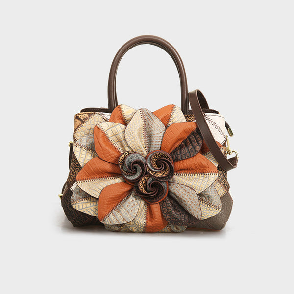 Vintage Patchwork Leather Handbag for Women Floral Genuine Leather Crossbody Shoulder Bag Cool