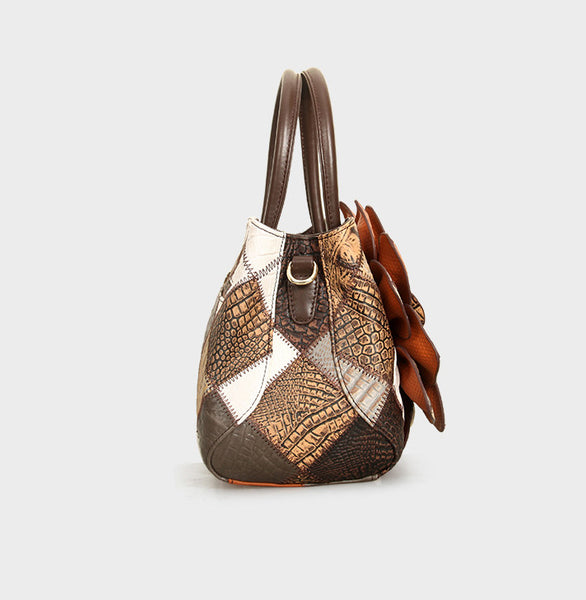 Vintage Patchwork Leather Handbag for Women Floral Genuine Leather Crossbody Shoulder Bag Cowhide