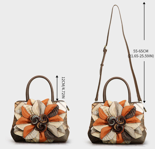 Vintage Patchwork Leather Handbag for Women Floral Genuine Leather Crossbody Shoulder Bag Cute