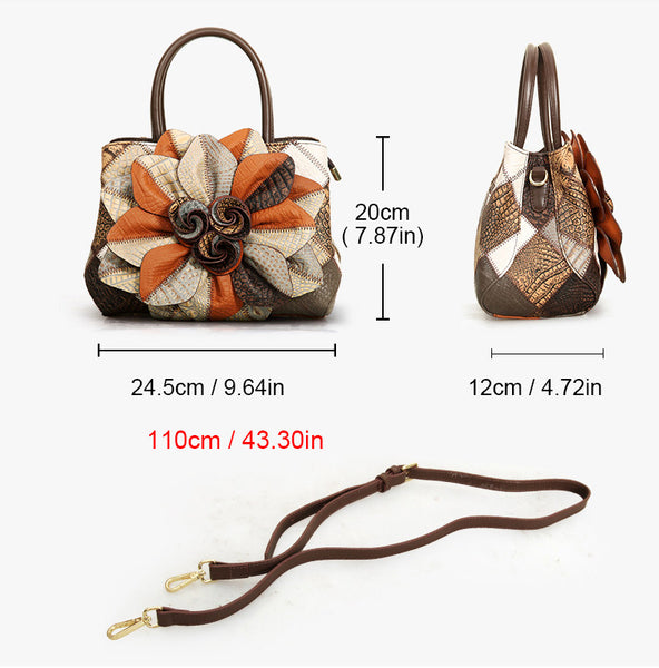 Vintage Patchwork Leather Handbag for Women Floral Genuine Leather Crossbody Shoulder Bag Designer