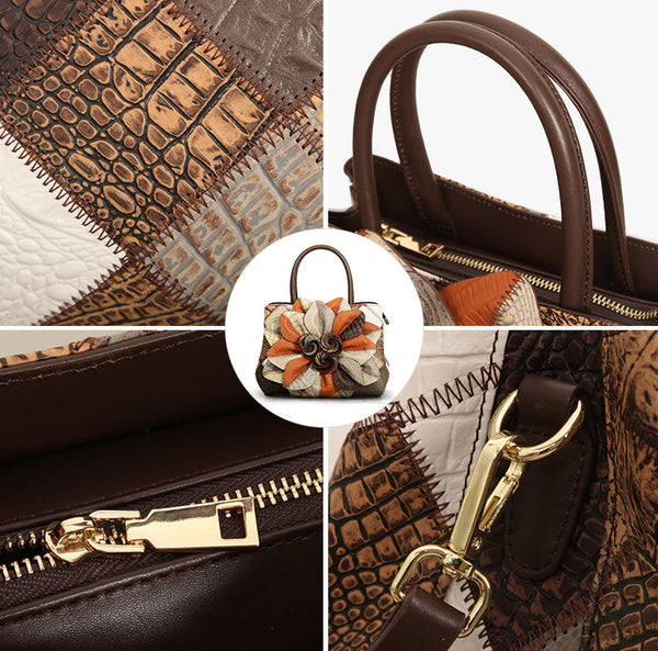 Vintage Patchwork Leather Handbag for Women Floral Genuine Leather Crossbody Shoulder Bag Details