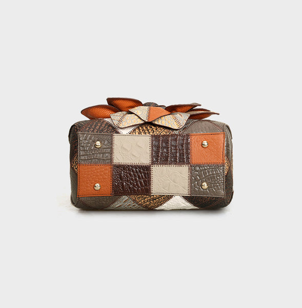 Vintage Patchwork Leather Handbag for Women Floral Genuine Leather Crossbody Shoulder Bag Handmade