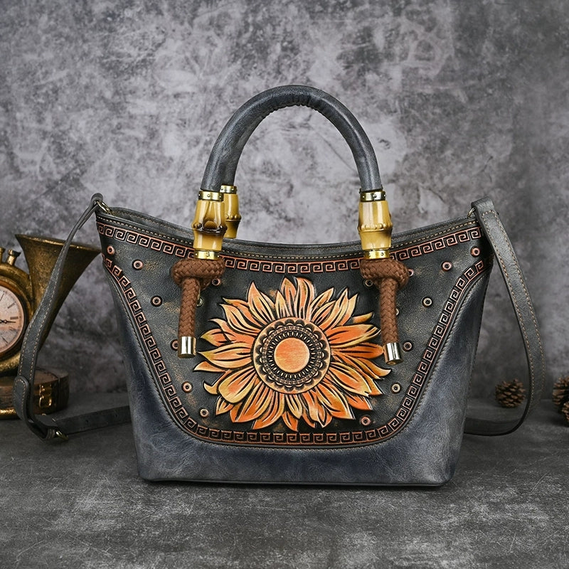 Vintage Sunflower Embossed Leather Handbag for Women