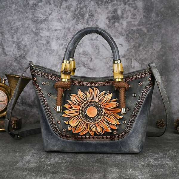 Handmade Sunflower Leather Tote Bag Vintage Embossed Leather Handbag for Women