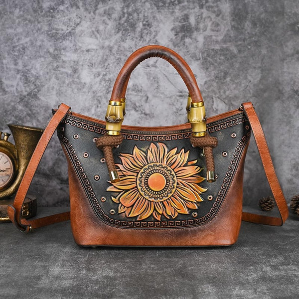 Vintage Sunflower Embossed Leather Handbag for Women Top Handle Shoulder Crossbody Bag with Adjustable Strap Affordable