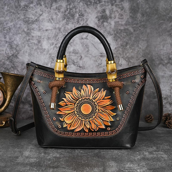 Vintage Sunflower Embossed Leather Handbag for Women Top Handle Shoulder Crossbody Bag with Adjustable Strap Badass