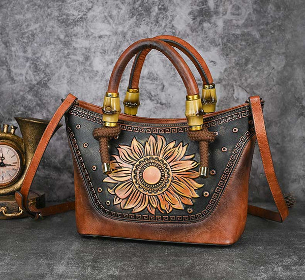 Vintage Sunflower Embossed Leather Handbag for Women Top Handle Shoulder Crossbody Bag with Adjustable Strap