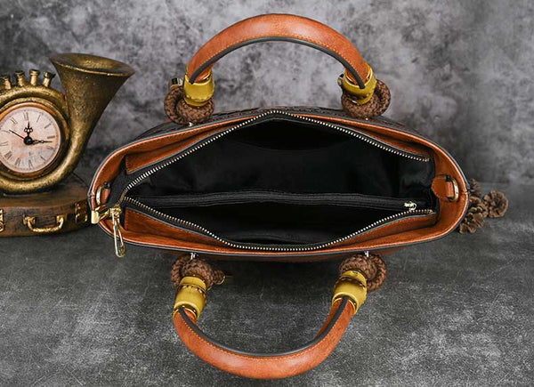 Vintage Sunflower Embossed Leather Handbag for Women Top Handle Shoulder Crossbody Bag with Adjustable Strap Capacity